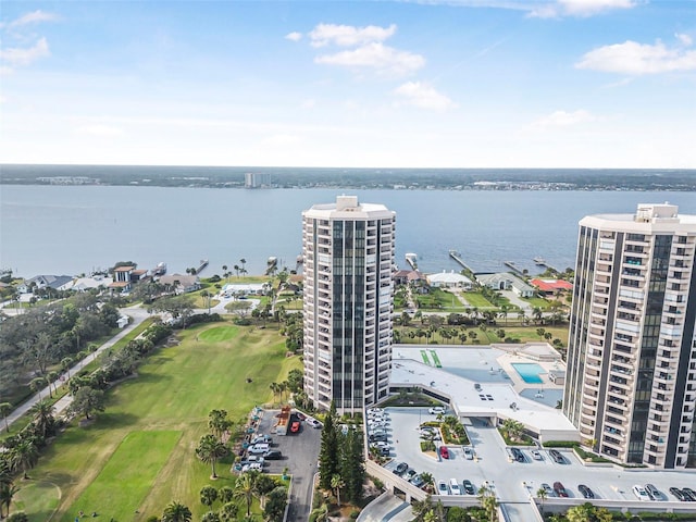 bird's eye view with a water view