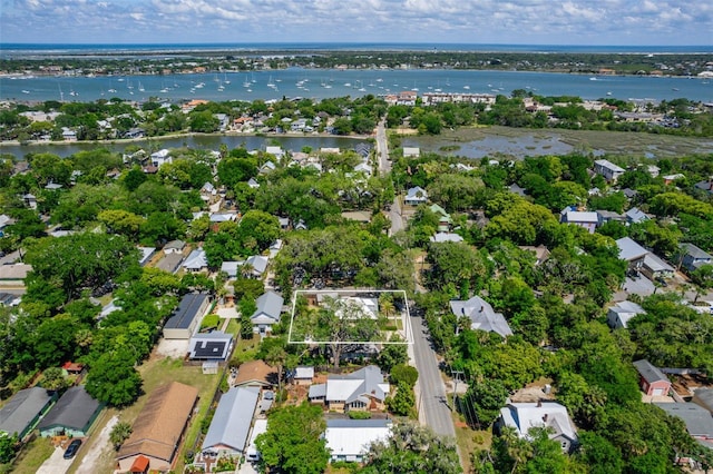 drone / aerial view featuring a water view