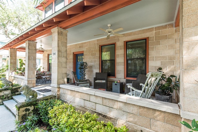 view of patio / terrace with covered porch and ceiling fan