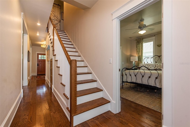 staircase featuring wood-type flooring and ceiling fan