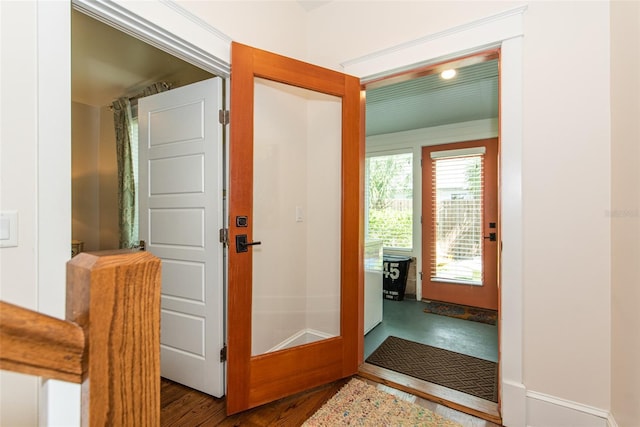 doorway featuring dark wood-type flooring