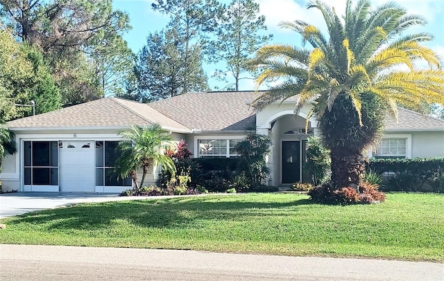 view of front of house with a garage and a front lawn