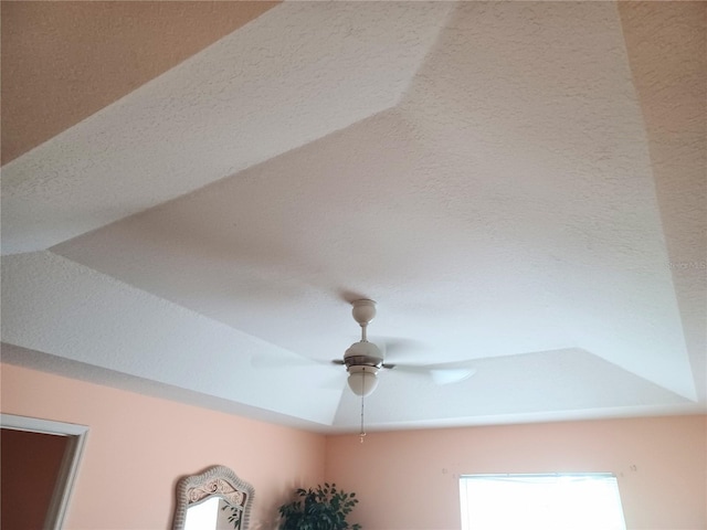 room details with ceiling fan and a tray ceiling