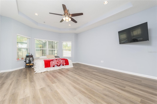 interior space with a wealth of natural light, a tray ceiling, baseboards, and wood finished floors