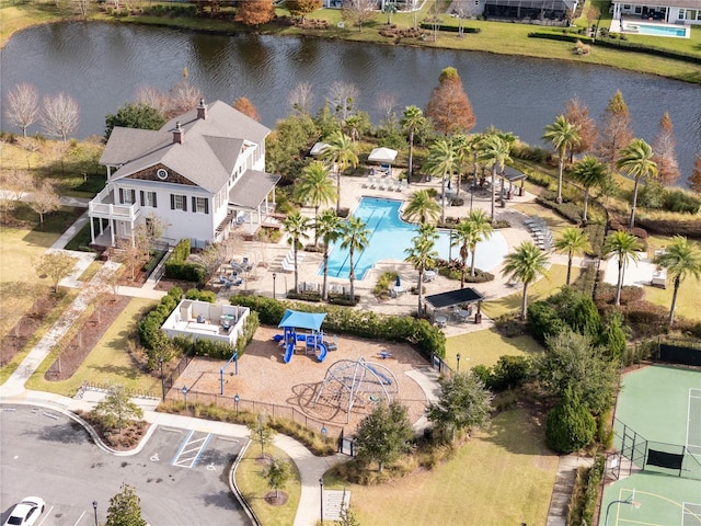 drone / aerial view with a water view