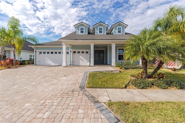 view of front of house with a garage, decorative driveway, and covered porch