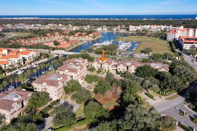 drone / aerial view featuring a water view