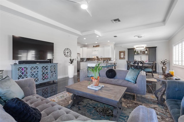 living room featuring dark hardwood / wood-style flooring, a raised ceiling, crown molding, and sink