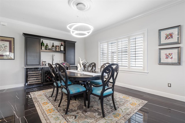 dining room featuring bar, wine cooler, crown molding, and dark wood-type flooring