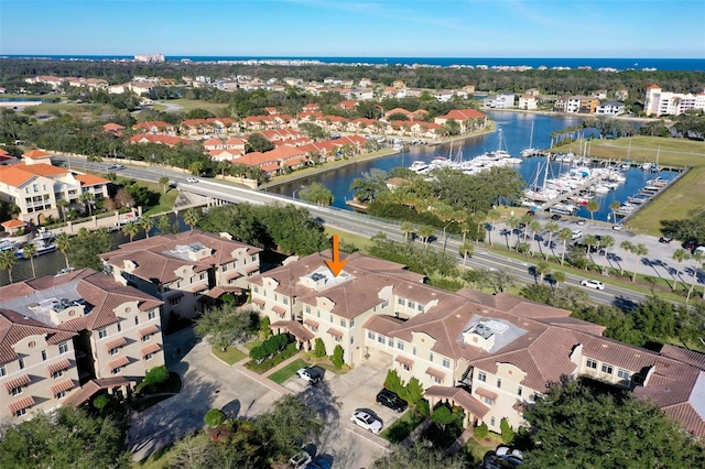 aerial view featuring a water view