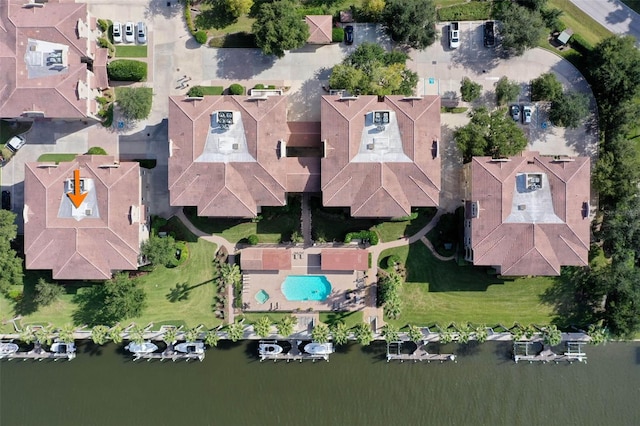 drone / aerial view featuring a water view