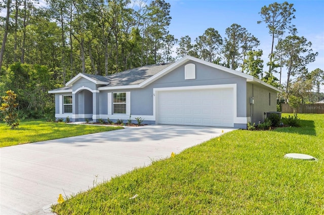 ranch-style home featuring central air condition unit, a front yard, and a garage