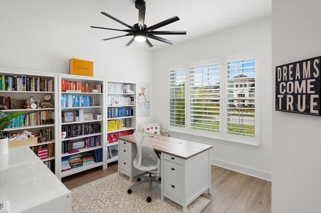 office featuring light hardwood / wood-style flooring and ceiling fan