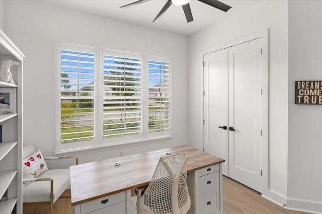 office space with ceiling fan and light hardwood / wood-style floors