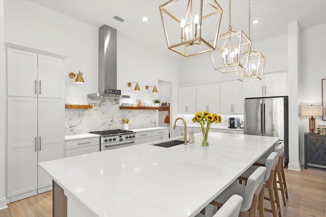 kitchen featuring wall chimney exhaust hood, appliances with stainless steel finishes, tasteful backsplash, a large island, and white cabinetry