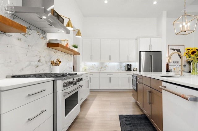 kitchen featuring tasteful backsplash, high end appliances, white cabinets, and ventilation hood