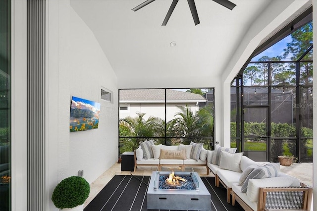 sunroom with vaulted ceiling and ceiling fan