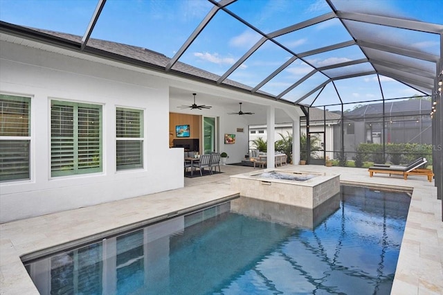 view of pool featuring ceiling fan, a patio area, a lanai, and an outdoor living space