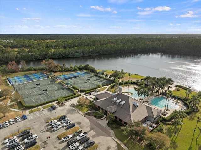 drone / aerial view with a water view