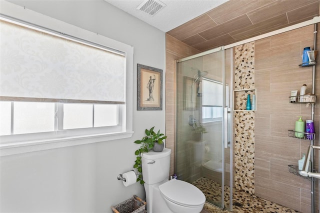 bathroom featuring an enclosed shower, toilet, and a wealth of natural light