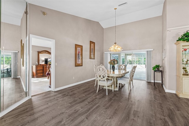 dining room featuring high vaulted ceiling, a healthy amount of sunlight, and dark hardwood / wood-style floors