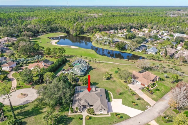 drone / aerial view with a water view