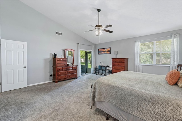 carpeted bedroom with access to outside, high vaulted ceiling, and ceiling fan