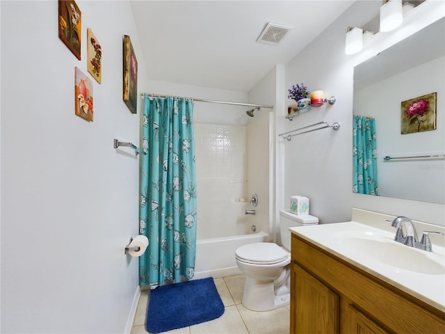 bathroom with toilet, vanity, visible vents, tile patterned floors, and shower / tub combo with curtain