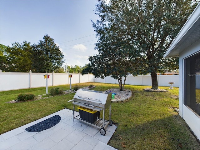 view of yard featuring a patio area and a fenced backyard