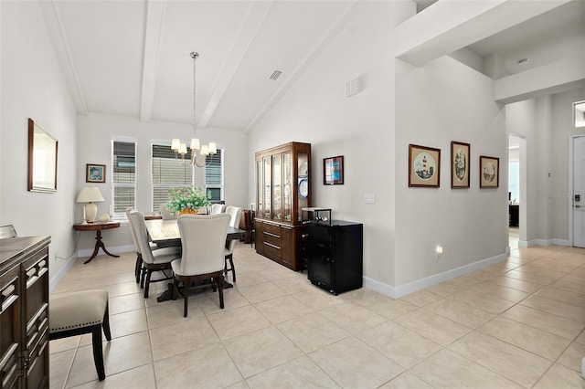 tiled dining area with a chandelier, beam ceiling, and high vaulted ceiling