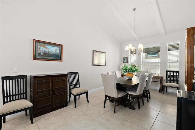 tiled dining room featuring vaulted ceiling with beams and an inviting chandelier