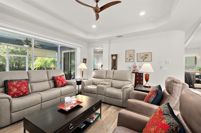 living room featuring light hardwood / wood-style flooring and a tray ceiling