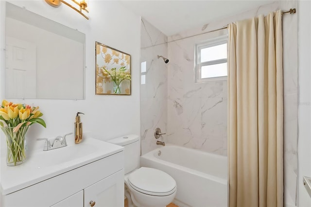 full bathroom featuring vanity, shower / bathtub combination with curtain, and toilet