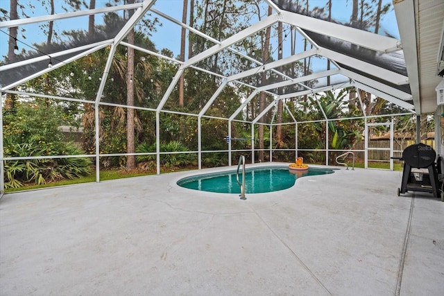 view of pool featuring a lanai, a patio area, and a grill