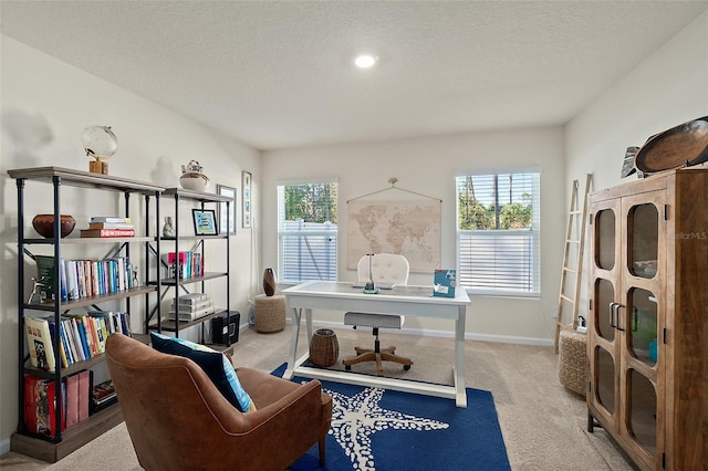 carpeted office space with a textured ceiling