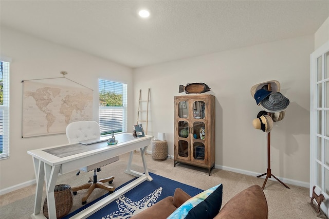 home office featuring light colored carpet