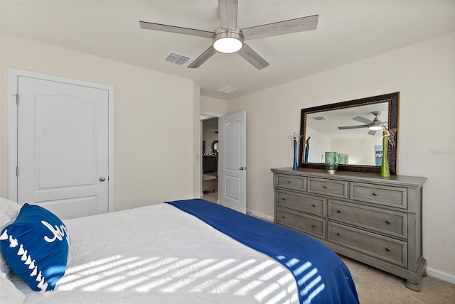 carpeted bedroom with ceiling fan