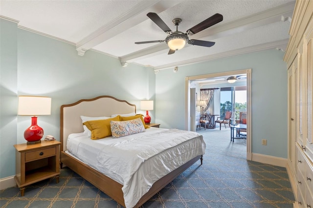bedroom featuring beam ceiling, ceiling fan, and ornamental molding