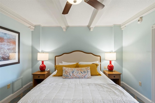 bedroom with beamed ceiling, ceiling fan, and ornamental molding