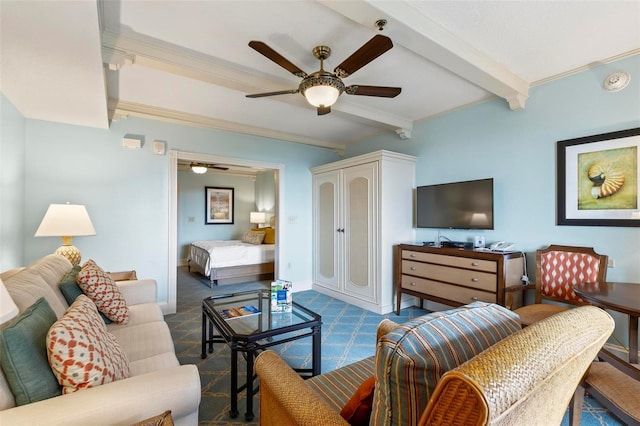 living room with beam ceiling