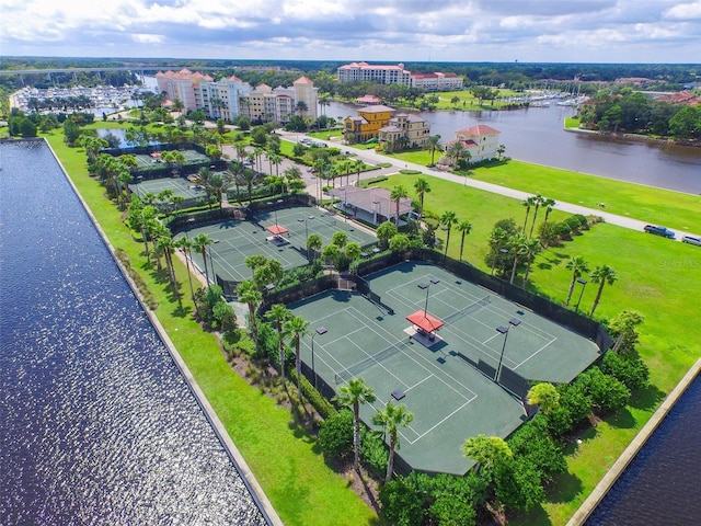 bird's eye view with a water view
