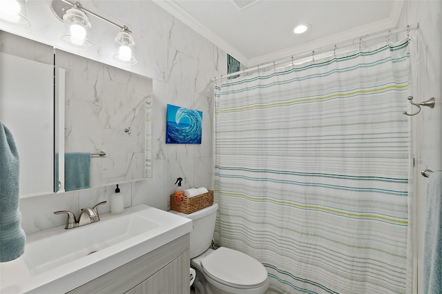 bathroom with ornamental molding, a shower with curtain, vanity, tile walls, and toilet