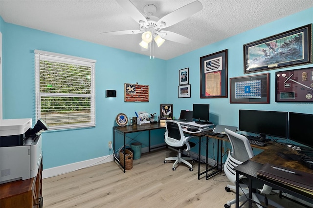 office with ceiling fan, light hardwood / wood-style floors, and a textured ceiling