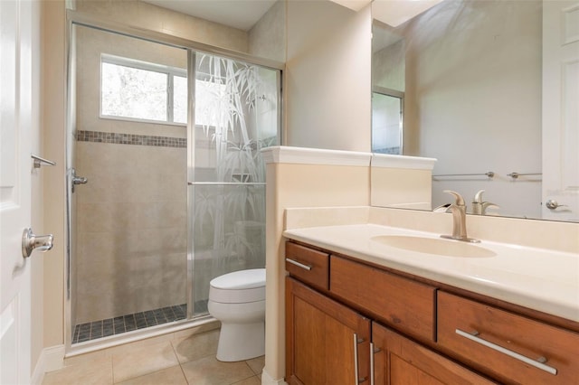 bathroom with tile patterned floors, walk in shower, vanity, and toilet