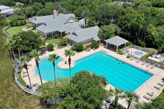 view of swimming pool with a gazebo and a patio area