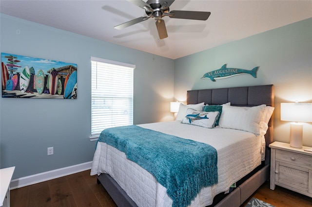 bedroom featuring ceiling fan and dark hardwood / wood-style flooring