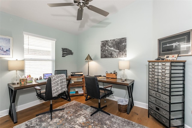 office area with hardwood / wood-style floors and ceiling fan