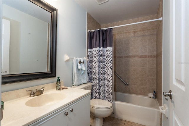 full bathroom with vanity, tile patterned floors, toilet, and shower / bath combo with shower curtain