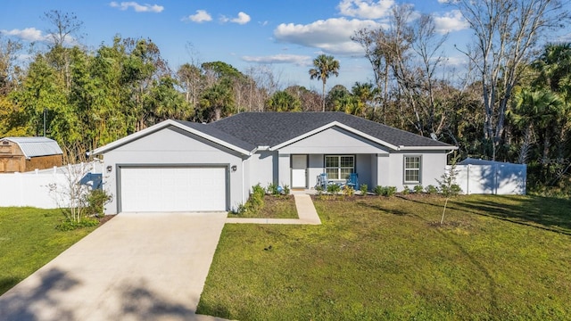 ranch-style home featuring a front lawn and a garage