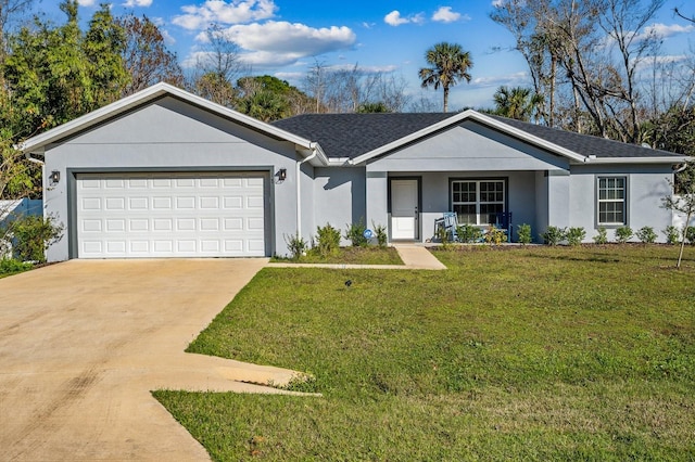 single story home with a front yard and a garage